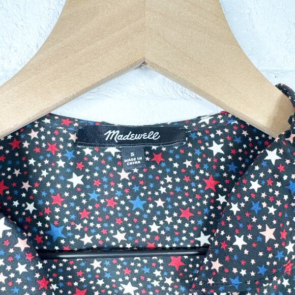 Madewell‎ Silk Wrap Blouse Womens Small Black Star Print Ruffle - Picture 4 of 10